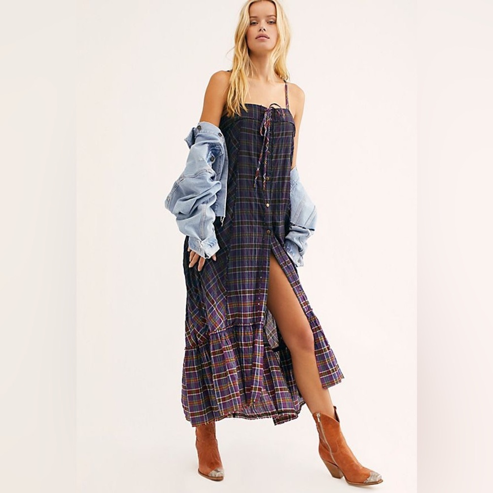 FREE PEOPLE PLAID CITY MAXI DRESS